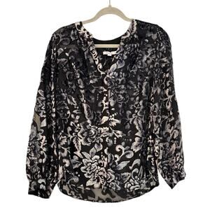 Chico's Black Burnout Velvet Blouson Sleeve Suplice Blouse M/8